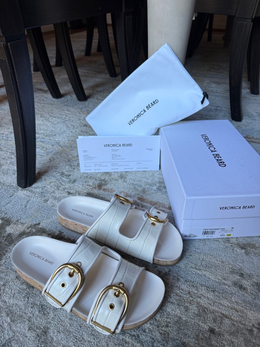 NWT Veronica Beard Croc-Embossed Double Buckle Slides with Gold Hardware